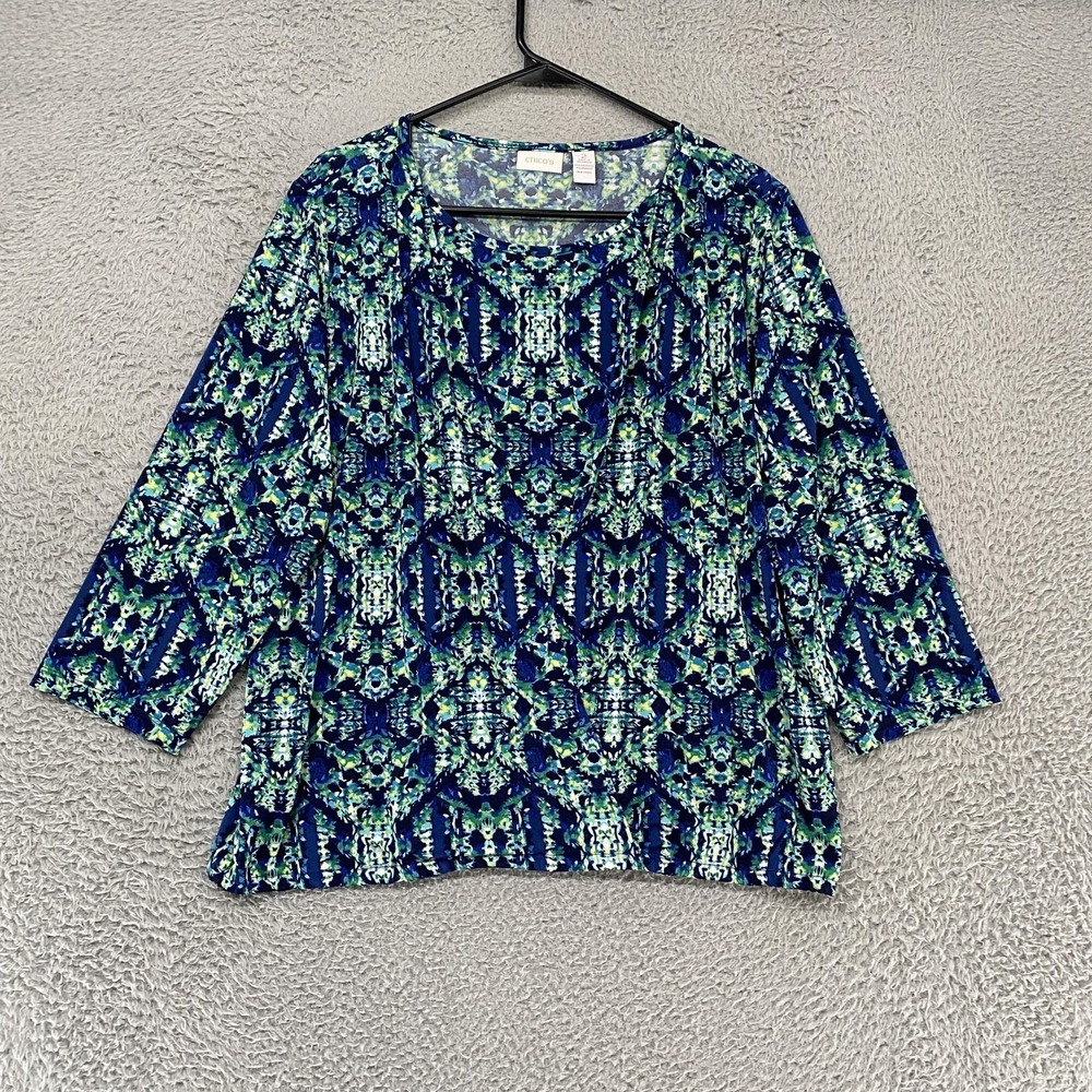 Chicos Geometric Jersey Top Womens 2 Large Twofer Layered Blue Green